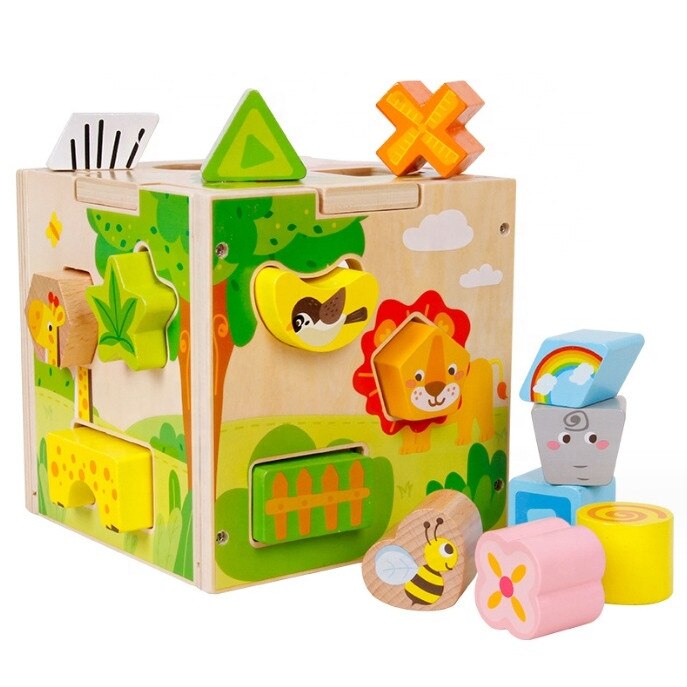 Cub Montessori din lemn cu forme geometrice si animale - eMAG.ro
