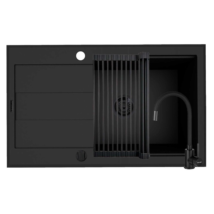 Set chiuveta Pyramis SPARTA Plus Lux, baterie Flessi si Roll Up, 780x580mm, cuva in 2 trepte, adancime 190mm, reversibila, pipa inalta flexibila, suport multifunctional pliabil, finisaj Pyragranite volcano