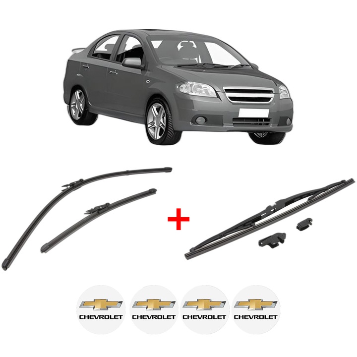 Set 3 stergatoare CHEVROLET AVEO / KALOS Hatchback (T250, T255) din 2007 - 2012, pentru parbriz si luneta fata si spate auto, Valeo Silencio, din cauciuc siliconat rezistent, 4 Stickere Auto CHEVROLET