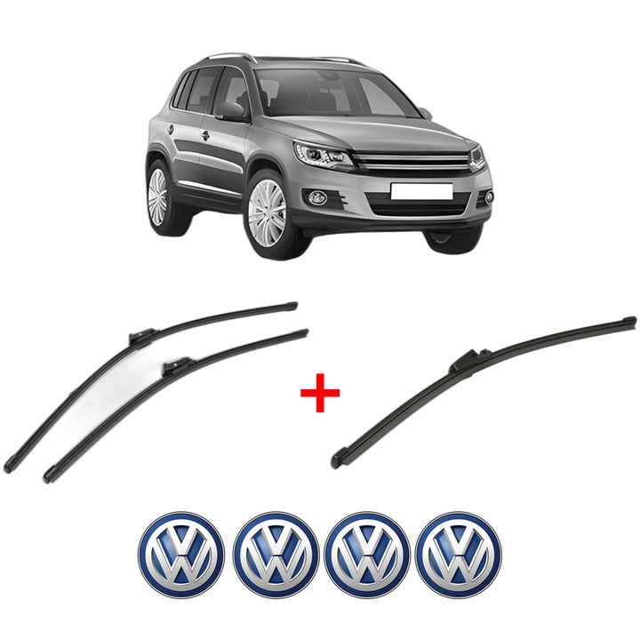 Set 3 stergatoare Volkswagen TIGUAN (5N_) din 2007 - 2018, pentru parbriz si luneta fata si spate auto, Valeo Silencio Xtrm, din cauciuc siliconat rezistent, 4 Stickere Auto VW