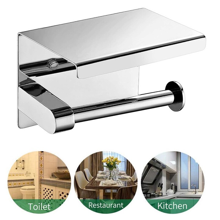 Стойка за тоалетна хартия, с рафт за телефон, инокс, монтаж на стена, бърз достъп до тоалетна хартия или хартиена кърпа, спестяване на място, лесно фиксиране