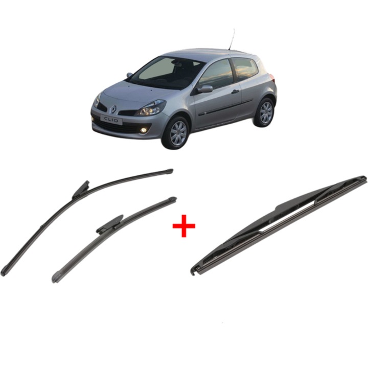 Set 3 stergatoare RENAULT CLIO III (BR0/1, CR0/1) din 2005 - 2014, pentru parbriz si luneta fata si spate auto, Valeo Silencio, din cauciuc siliconat rezistent, RENAULT