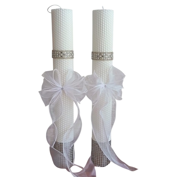 Set 2 lumanari din ceara naturala de albine, nunta/botez, Lumanarela, albe, decorate cu benzi cu strasuri in partea de sus si jos si panglica alba din organza