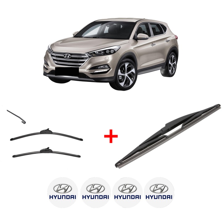 Set 3 stergatoare HYUNDAI TUCSON SUV Van (TLE) din 2015 - 2020, pentru parbriz si luneta fata si spate auto, Valeo Silencio, din cauciuc siliconat rezistent, 4 Stickere Auto HYUNDAI