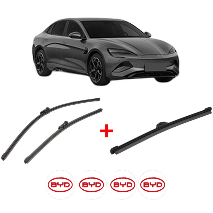 Set 3 stergatoare BYD SEAL U din 2024, pentru parbriz si luneta fata si spate auto, Valeo Silencio, din cauciuc siliconat rezistent, 4 Stickere Auto BYD