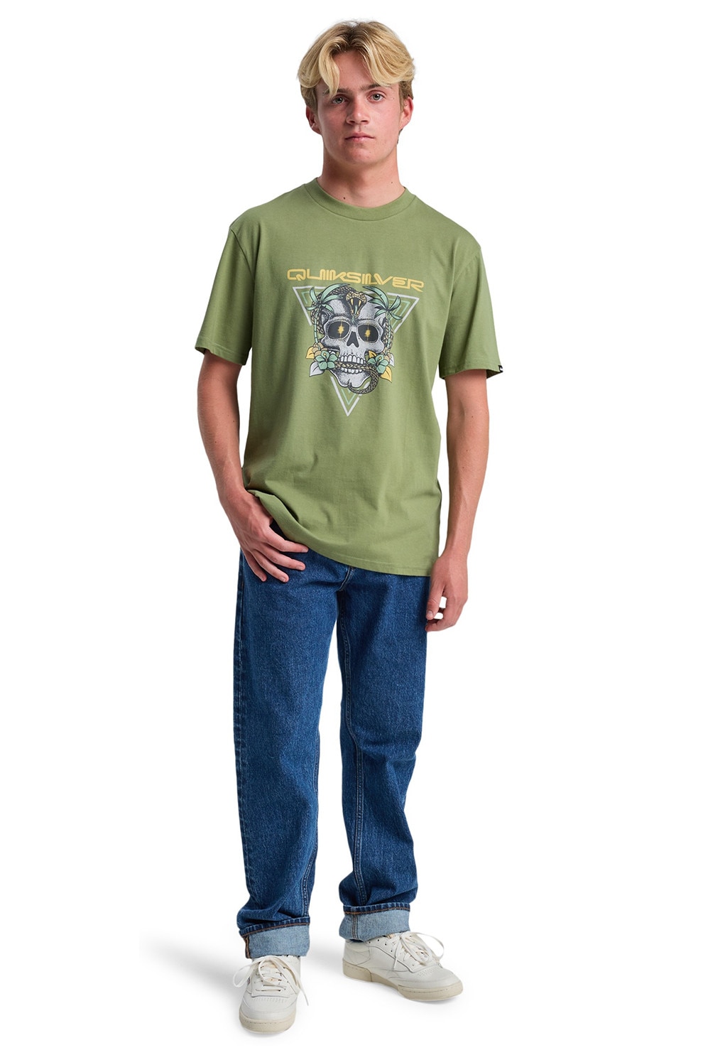 QUIKSILVER, Tricou din bumbac cu imprimeu, Alb, Galben, verde militar prafuit, L