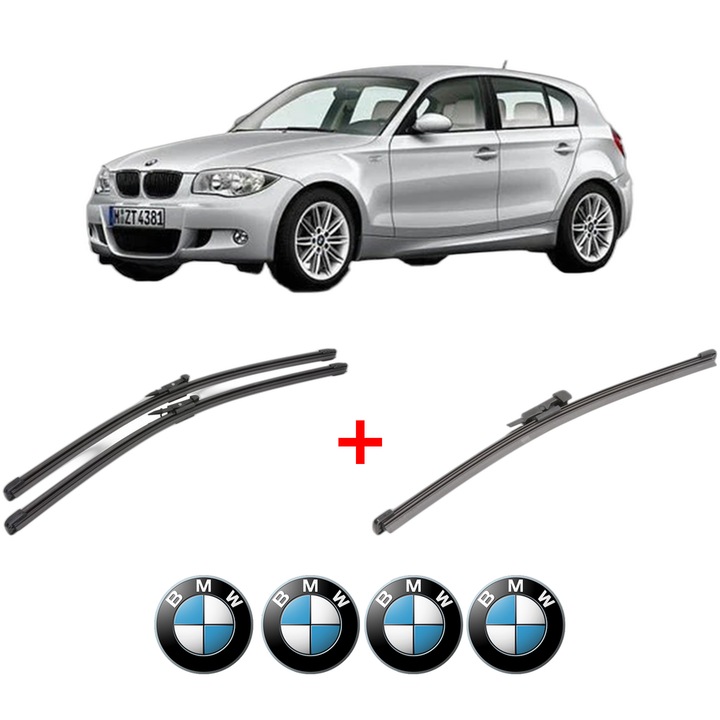 Set 3 stergatoare BMW Seria 1 (E87) din 2004 - 2011, pentru parbriz si luneta fata si spate auto, Valeo Silencio Xtrm, din cauciuc siliconat rezistent, 4 Stickere Auto BMW