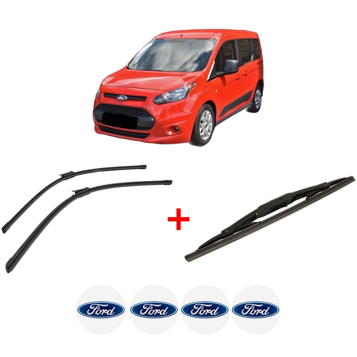 Set 3 stergatoare FORD TOURNEO CONNECT / GRAND TOURNEO CONNECT V408 MPV din 2013 - 2022, pentru parbriz si luneta fata si spate auto, Bosch Twin, din cauciuc siliconat rezistent, 4 Stickere Auto FORD