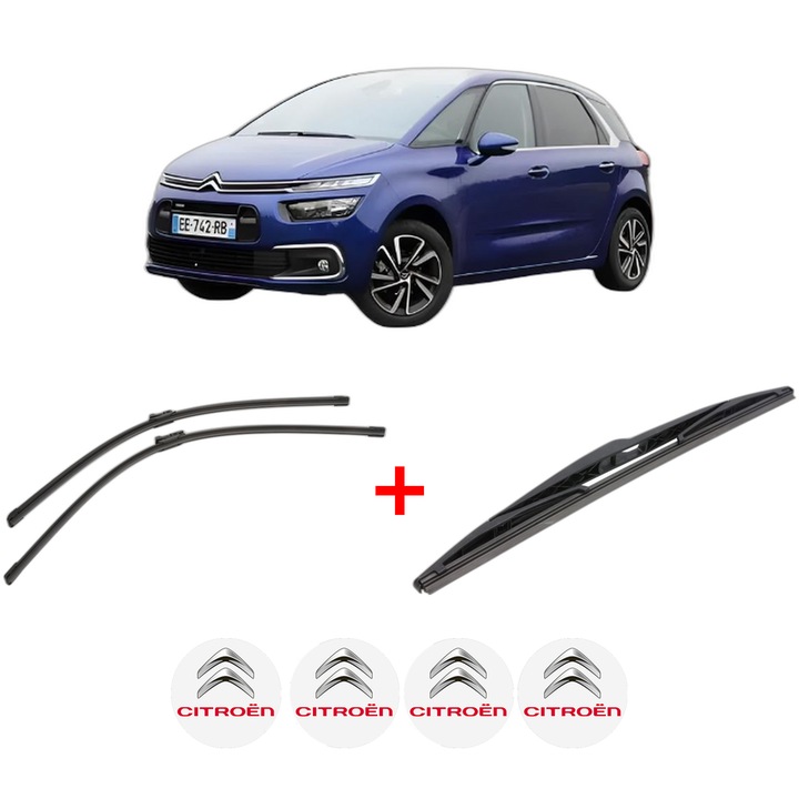 Set 3 stergatoare CITROEN C4 PICASSO II din 2013 - 2018, pentru parbriz si luneta fata si spate auto, Bosch Twin, din cauciuc siliconat rezistent, 4 Stickere Auto CITROEN