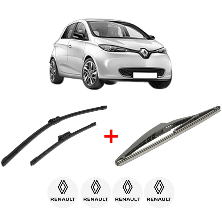 Set 3 stergatoare RENAULT ZOE (BFM_) din 2012, pentru parbriz si luneta fata si spate auto, Bosch Twin, din cauciuc siliconat rezistent, 4 Stickere Auto RENAULT