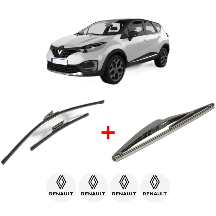 Set 3 stergatoare RENAULT CAPTUR I (J5_, H5_) din 2013, pentru parbriz si luneta fata si spate auto, Bosch Twin, din cauciuc siliconat rezistent, 4 Stickere Auto RENAULT