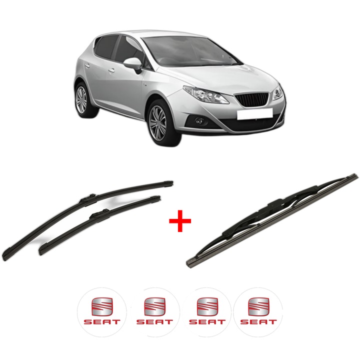 Set 3 stergatoare SEAT IBIZA IV (6J5, 6P1) din 2008 - 2017, pentru parbriz si luneta fata si spate auto, Bosch Twin, din cauciuc siliconat rezistent, 4 Stickere Auto SEAT