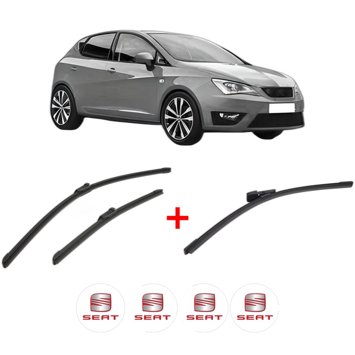 Set 3 stergatoare SEAT IBIZA V (KJ1, KJG) din 2017, pentru parbriz si luneta fata si spate auto, Bosch Aerotwin, din cauciuc siliconat rezistent, 4 Stickere Auto SEAT