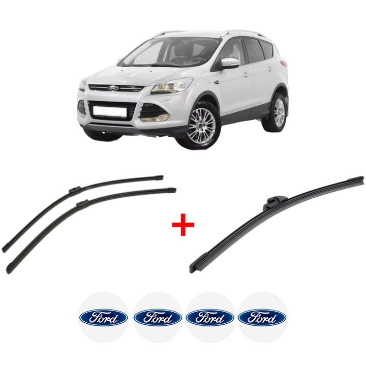 Set 3 stergatoare FORD KUGA II (DM2) din 2012 - 2019, pentru parbriz si luneta fata si spate auto, Bosch Aerotwin, din cauciuc siliconat rezistent, 4 Stickere Auto FORD