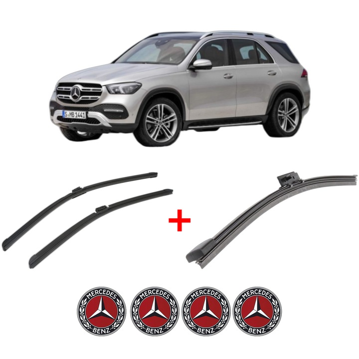 Set 3 stergatoare MERCEDES-BENZ GLE (V167) din 2018 - 2023, pentru parbriz si luneta fata si spate auto, Bosch Aerotwin, din cauciuc siliconat rezistent, 4 Stickere Auto MERCEDES-BENZ