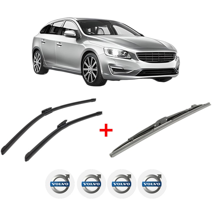 Set 3 stergatoare VOLVO V60 I (155) din 2010 - 2018, pentru parbriz si luneta fata si spate auto, Bosch Twin, din cauciuc siliconat rezistent, 4 Stickere Auto VOLVO