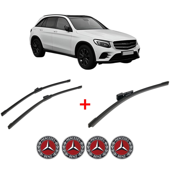 Set 3 stergatoare MERCEDES-BENZ GLC (X253) din 2015 - 2022, pentru parbriz si luneta fata si spate auto, Bosch Aerotwin, din cauciuc siliconat rezistent, 4 Stickere Auto MERCEDES-BENZ