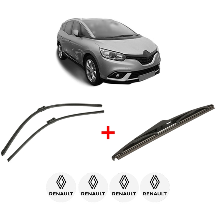 Set 3 stergatoare RENAULT SCENIC IV (J9_) din 2016 - 2022, pentru parbriz si luneta fata si spate auto, Bosch Twin, din cauciuc siliconat rezistent, 4 Stickere Auto RENAULT