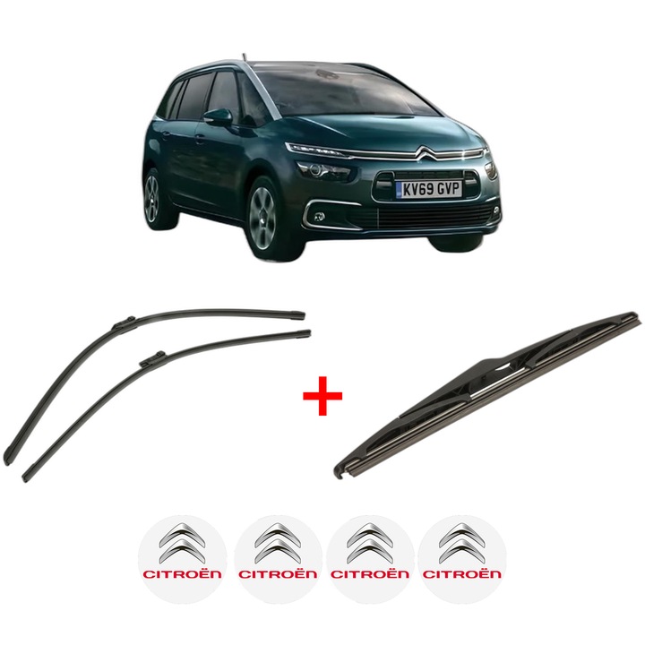 Set 3 stergatoare CITROEN GRAND C4 SPACETOURER Van (3A_, 3E_) din 2019, pentru parbriz si luneta fata si spate auto, Bosch Twin, din cauciuc siliconat rezistent, 4 Stickere Auto CITROEN