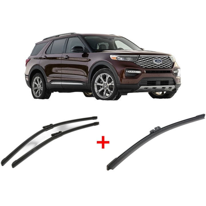 Set 3 stergatoare FORD USA EXPLORER (U6_) din 2019, pentru parbriz si luneta fata si spate auto, Bosch Aerotwin, din cauciuc siliconat rezistent, 4 Stickere Auto FORD USA