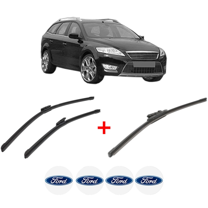Set 3 stergatoare FORD MONDEO IV (BA7) din 2007 - 2015, pentru parbriz si luneta fata si spate auto, Bosch Aerotwin, din cauciuc siliconat rezistent, 4 Stickere Auto FORD