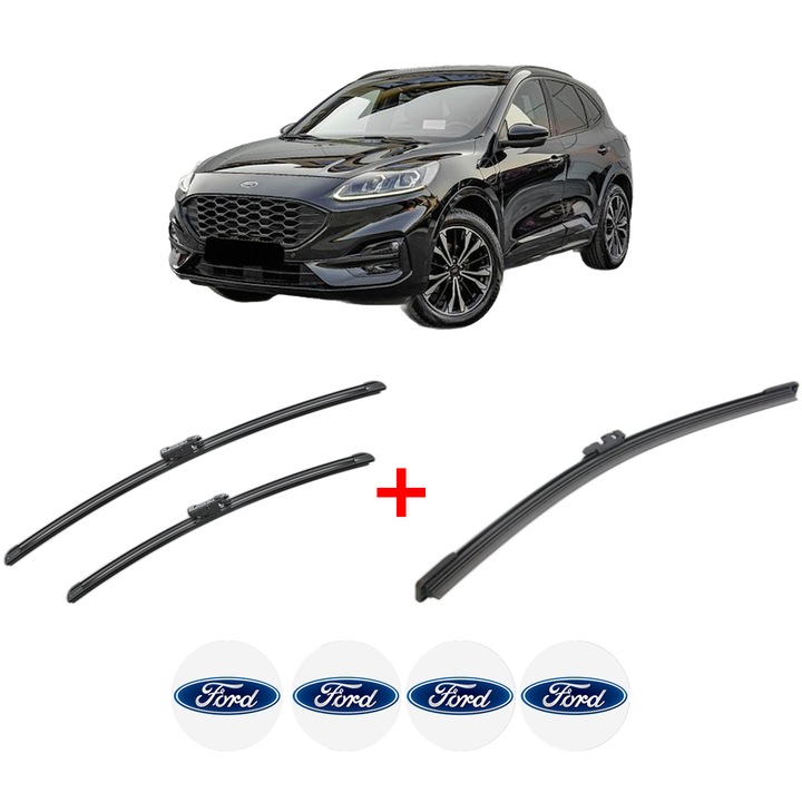 Set 3 stergatoare FORD KUGA III (DFK) din 2019, pentru parbriz si luneta fata si spate auto, Bosch Aerotwin, din cauciuc siliconat rezistent, 4 Stickere Auto FORD