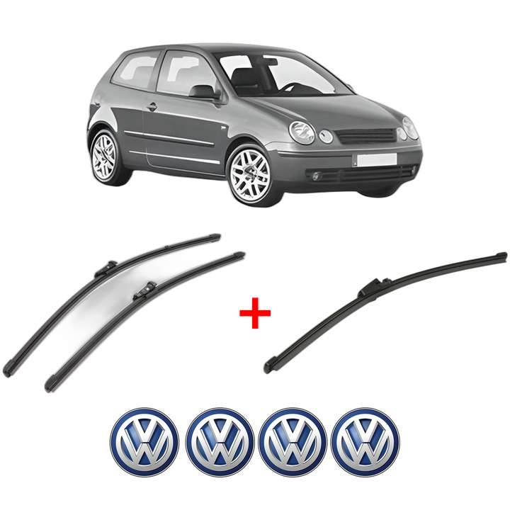 Set 3 stergatoare Volkswagen POLO IV (9N_, 9A_) din 2001 - 2009, pentru parbriz si luneta fata si spate auto, Valeo Silencio Xtrm, din cauciuc siliconat rezistent, 4 Stickere Auto VW