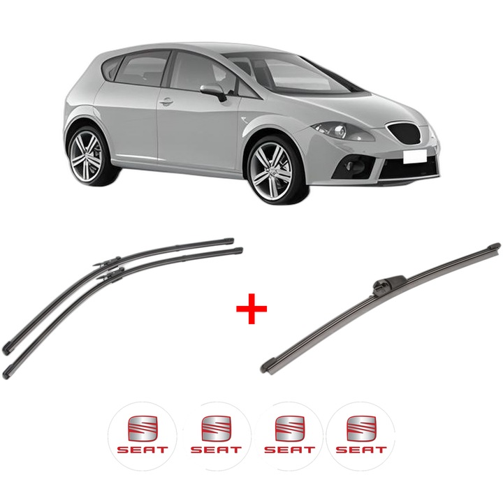 Set 3 stergatoare SEAT LEON (1P1) din 2005 - 2013, pentru parbriz si luneta fata si spate auto, Valeo Silencio Xtrm, din cauciuc siliconat rezistent, 4 Stickere Auto SEAT