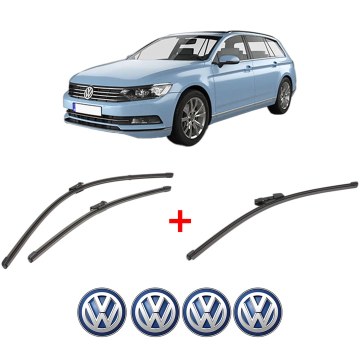 Set 3 stergatoare Volkswagen PASSAT B8 Variant (3G5, CB5) din 2014 - 2024, pentru parbriz si luneta fata si spate auto, Valeo Silencio Xtrm, din cauciuc siliconat rezistent, 4 Stickere Auto VW