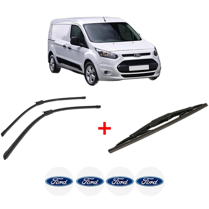 Set 3 stergatoare FORD TRANSIT CONNECT V408 Box Body/MPV din 2013, pentru parbriz si luneta fata si spate auto, Bosch Twin, din cauciuc siliconat rezistent, 4 Stickere Auto FORD