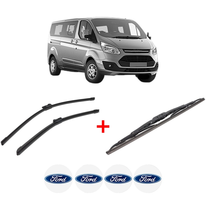 Set 3 stergatoare FORD TOURNEO CUSTOM V362 Bus (F3) din 2012 - 2023, pentru parbriz si luneta fata si spate auto, Bosch Twin, din cauciuc siliconat rezistent, 4 Stickere Auto FORD