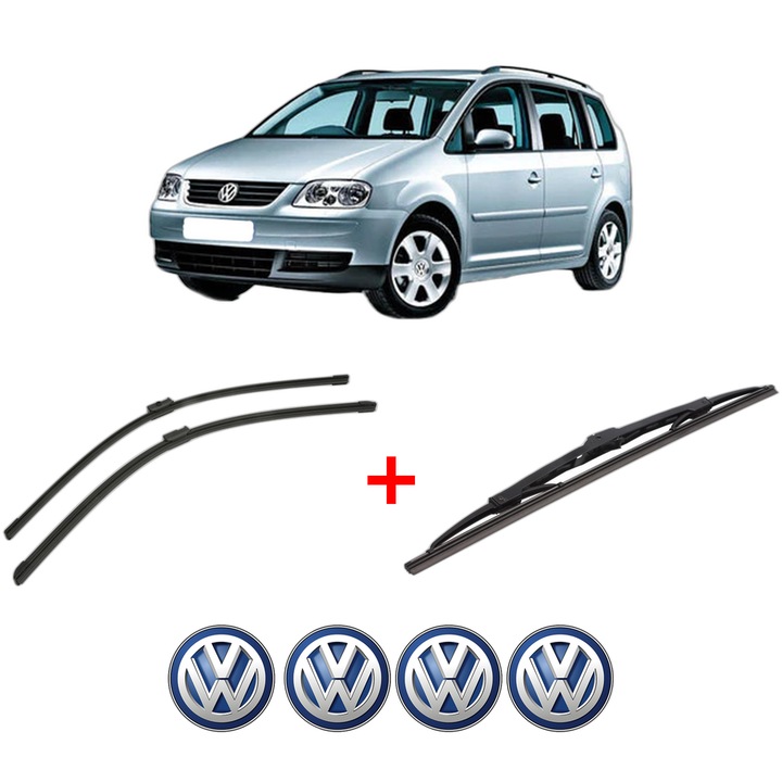 Set 3 stergatoare Volkswagen TOURAN (1T1, 1T2) din 2003 - 2010, pentru parbriz si luneta fata si spate auto, Bosch Twin, din cauciuc siliconat rezistent, 4 Stickere Auto VW