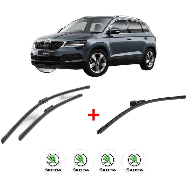 Set 3 stergatoare SKODA KAROQ (NU7, ND7) din 2017, pentru parbriz si luneta fata si spate auto, Bosch Aerotwin, din cauciuc siliconat rezistent, 4 Stickere Auto SKODA
