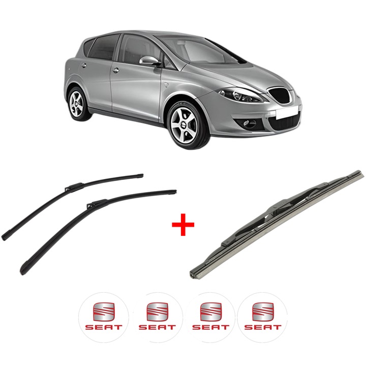 Set 3 stergatoare SEAT TOLEDO III (5P2) din 2004 - 2009, pentru parbriz si luneta fata si spate auto, Bosch Twin, din cauciuc siliconat rezistent, 4 Stickere Auto SEAT