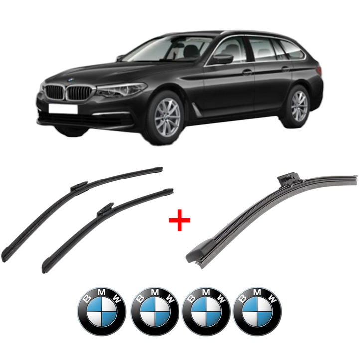 Set 3 stergatoare BMW Seria 5 Touring (G31) din 2017 - 2022, pentru parbriz si luneta fata si spate auto, Bosch Aerotwin, din cauciuc siliconat rezistent, 4 Stickere Auto BMW