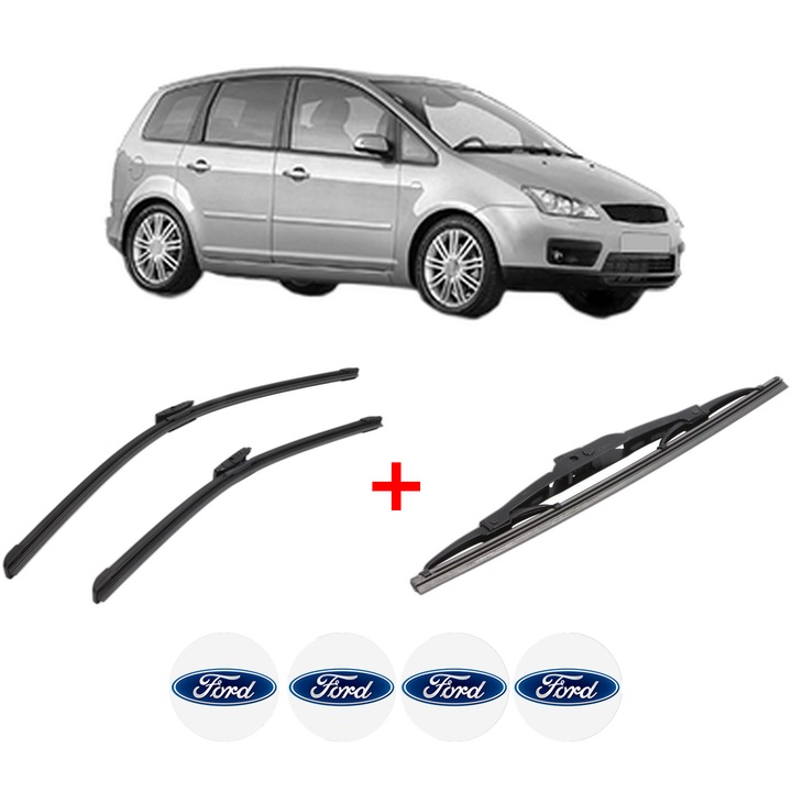 Set 3 stergatoare FORD FOCUS C-MAX (DM2) din 2003 - 2007, pentru parbriz si luneta fata si spate auto, Bosch Twin, din cauciuc siliconat rezistent, 4 Stickere Auto FORD