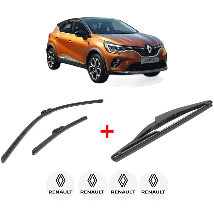 Set 3 stergatoare RENAULT CAPTUR II (HF_) din 2020, pentru parbriz si luneta fata si spate auto, Bosch Twin, din cauciuc siliconat rezistent, 4 Stickere Auto RENAULT
