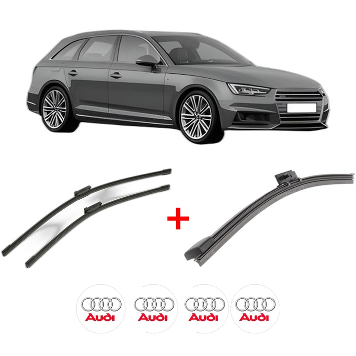 Set 3 stergatoare AUDI A4 B9 Avant (8W5, 8WD) din 2015 - 2020, pentru parbriz si luneta fata si spate auto, Bosch Aerotwin, din cauciuc siliconat rezistent, 4 Stickere Auto AUDI