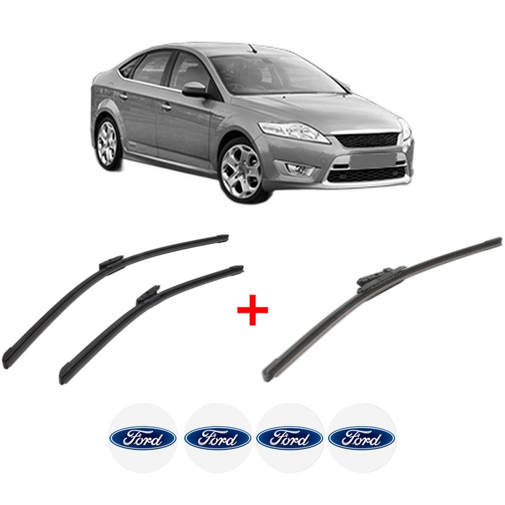 Set 3 stergatoare FORD MONDEO IV Saloon (BA7) din 2008 - 2014, pentru parbriz si luneta fata si spate auto, Bosch Aerotwin, din cauciuc siliconat rezistent, 4 Stickere Auto FORD