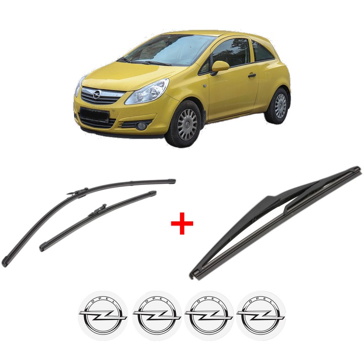 Set 3 stergatoare OPEL CORSA D Hatchback Van (S07) din 2006 - 2014, pentru parbriz si luneta fata si spate auto, Valeo Silencio, din cauciuc siliconat rezistent, 4 Stickere Auto OPEL