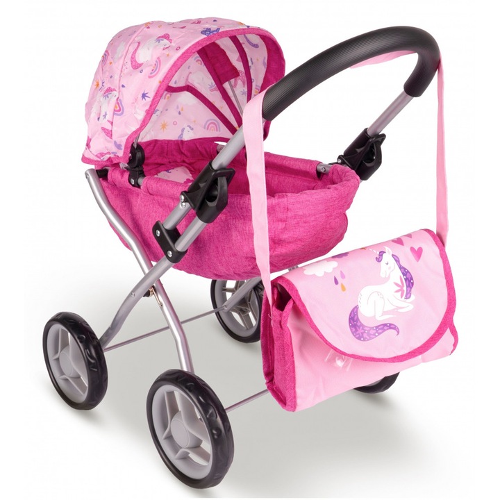 Set Carucior de papusi pentru copii, Malplay, pliabil, cu landou, roti mari din spuma, dimensiune 58 x 35.5 x 57 cm, si Geanta de umar inclusa, Pink Unicorn