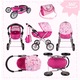 Set Carucior de papusi pentru copii, Malplay, pliabil, cu landou, roti mari din spuma, dimensiune 58 x 35.5 x 57 cm, si Geanta de umar inclusa, Pink Unicorn