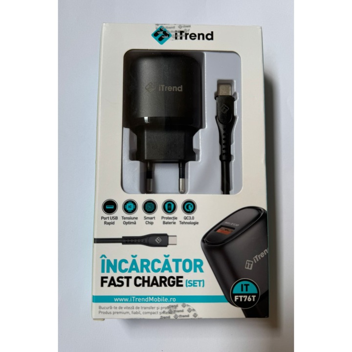 iTrend Telefon Töltő Gyors Töltés QC3.0 Type-C kábellel 18W, 1 USB port, 100cm, Fekete