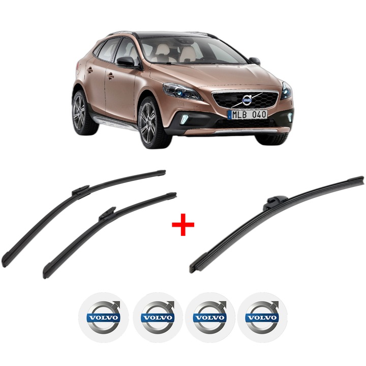 Set 3 stergatoare VOLVO V40 Cross Country (526) din 2012 - 2019, pentru parbriz si luneta fata si spate auto, Bosch Aerotwin, din cauciuc siliconat rezistent, 4 Stickere Auto VOLVO