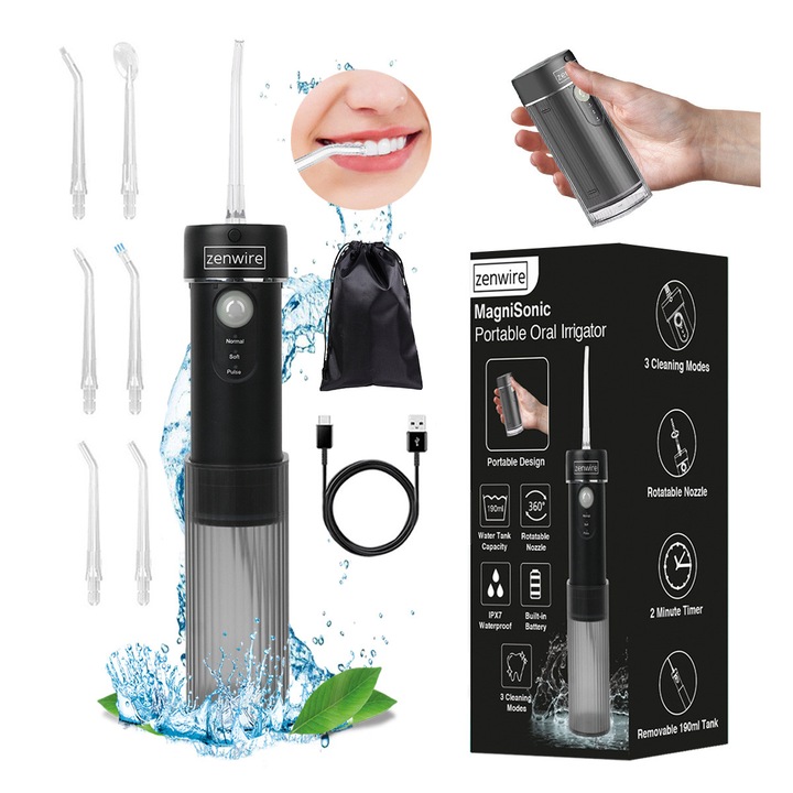 Hordozható Szájzuhany Zenwire, WF309, Fogászati öblítő, 3 üzemmód, 190 ml, IPX8, USB, nyomás 120 psi-ig, 6 fej, tok, töltőkábel, 6 cserélhető hegy, intelligens emlékeztető