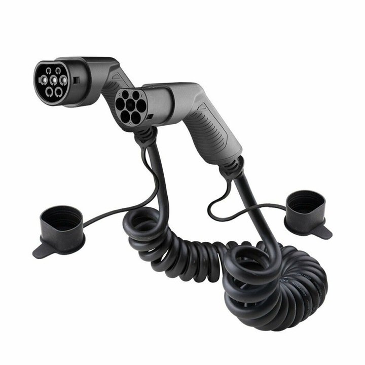 Cablu spiralat de 5 metri pentru statia de incarcare, Type 2 la Type 2, trifazic, 32A, 22KW