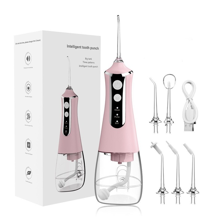 Irigator dentar electric, portabil, cu 5 duze de curatare, rezervor de apa de 300 ml, 3 setari de viteza, capacitate de incarcare USB, design rezistent la apa, Roz