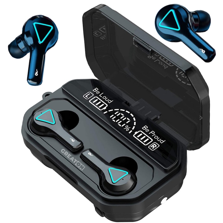 GREATON TWS Vezeték nélküli fülhallgató, Bluetooth 5.1, Hi-Fi hangzás, 2000 mAh-s powerbank, IPX7 Vízálló, Erőteljes basszus – iOS és Android kompatibilis, Fekete