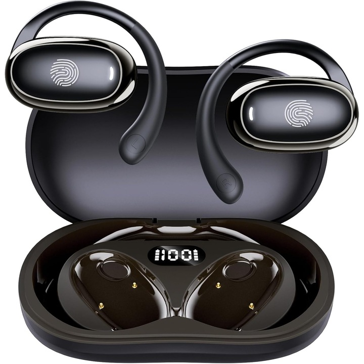 IFECCO Nyitott fülű Bluetooth fülhallgató, Vezeték nélküli sport, 48 óra üzemidő töltőtokkal, LED kijelző, IPX5, Fekete