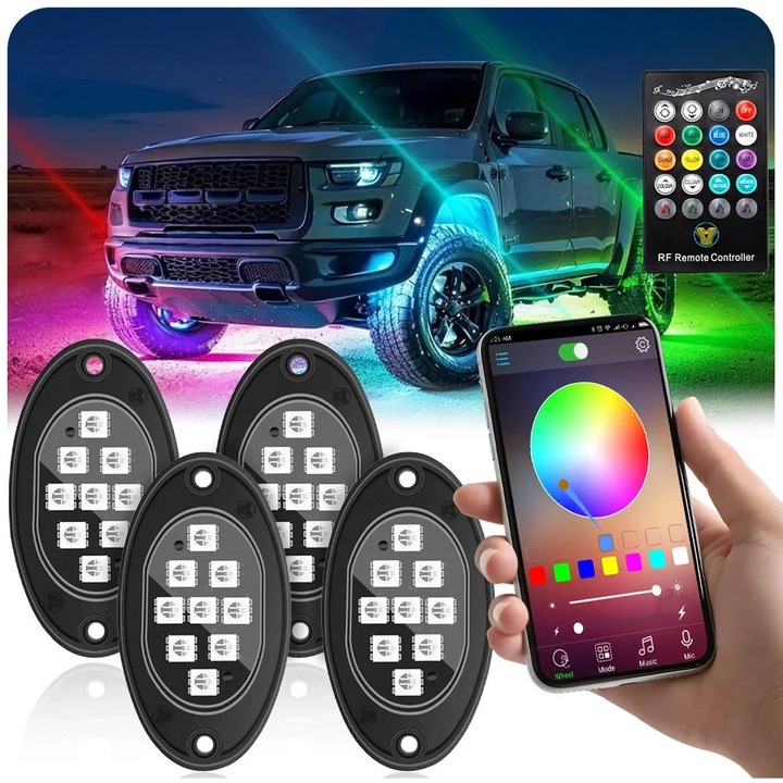 Kit iluminare auto LED RGB Interlook APP-RL03-4IN1, 4 piese, multicolor, telecomanda, aplicatie smartphone, accesorii, plastic, economic, durabil, set complet